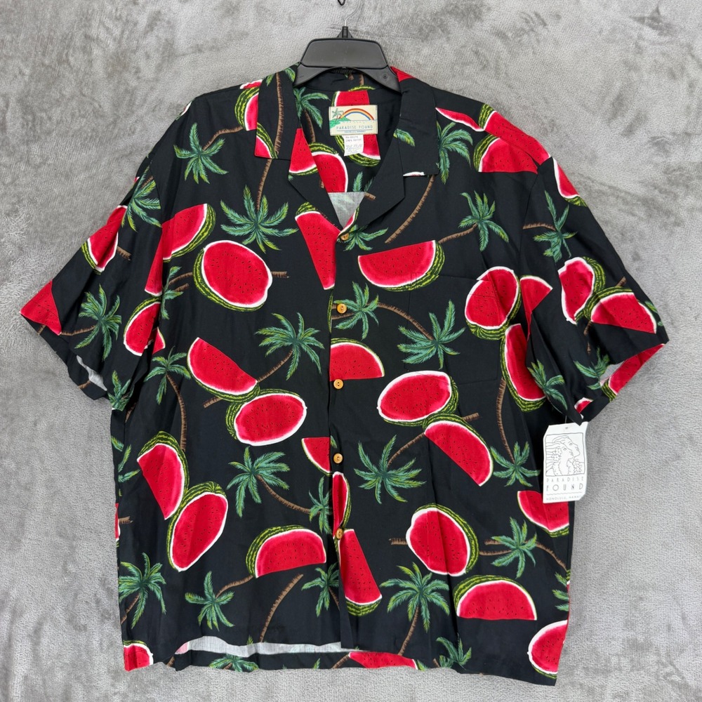Paradise Found Hawaiian Shirt Mens XL Black Watermelon Palm Tree Rayon Hawaii